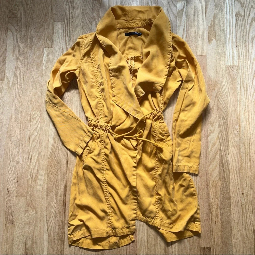 Max Jeans Mustard Color Tencel Drape Open Front Long Length Jacket Size XS